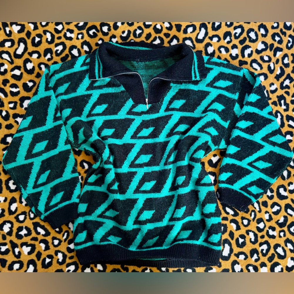 Vintage Teal Geometric Patterned Quarter Zip Sweater